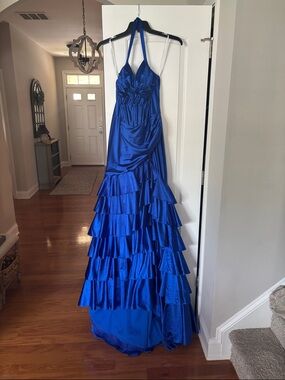 Sherri Hill Sapphire Blue Ruffled Halter Prom Dress